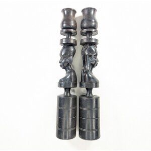 Vintage African carved wooden candlestick holders, Hand made portrait carvings